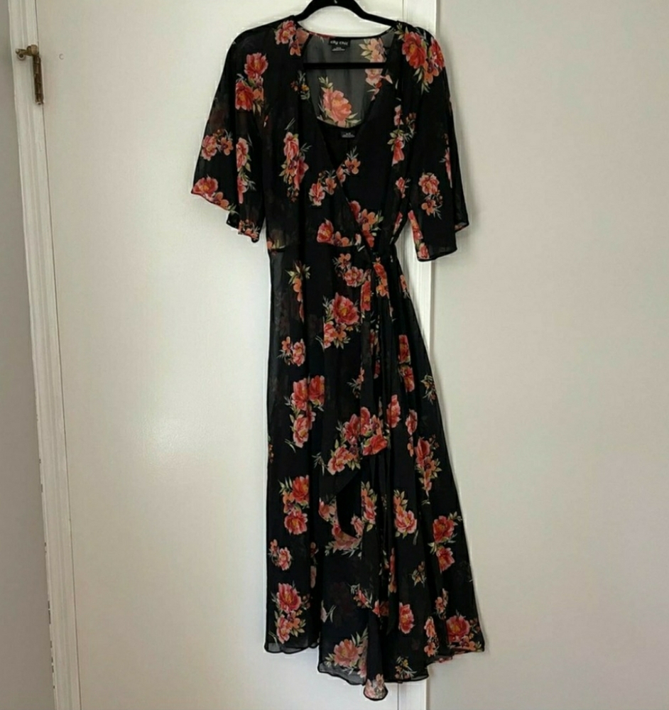CITY CHIC Petal Power Floral Black Pink Wrap Midi Plus Dress Sz 18